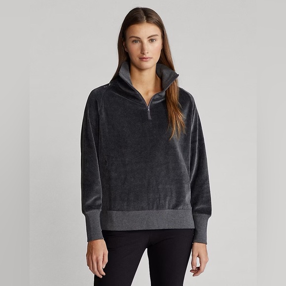 RALPH LAUREN - Women’s Velour Quarter Zip Pullover Sweater - Grey - Size Medium - Picture 1 of 10